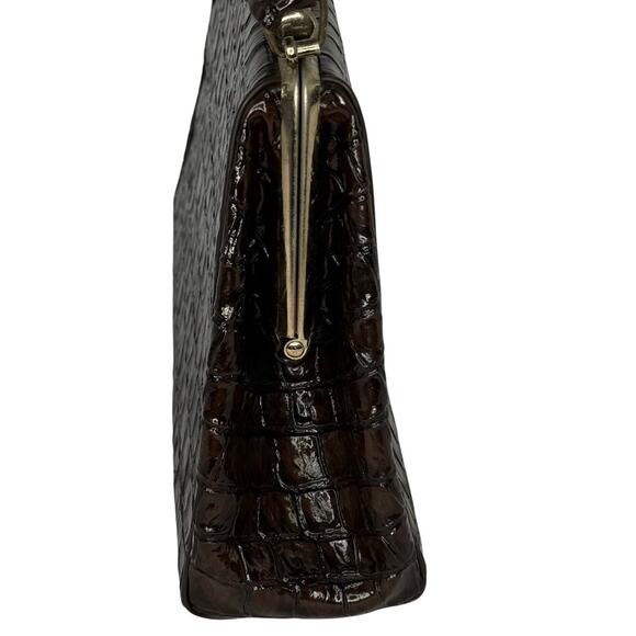 Vintage Brown Faux Croc Top Handle Purse 60s 70s Frame Bag Structured Handbag - Picture 4 of 6